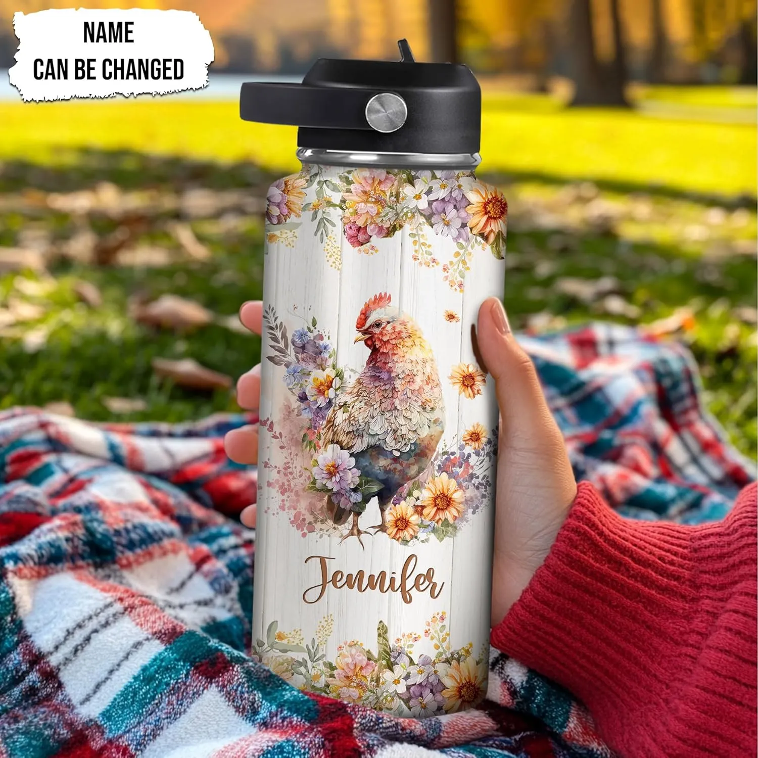 Hyturtle Personalized Chicken Water Bottle - Chicken Print Insulated Stainless Steel Bottle with Leak-Proof Lid 18oz 32oz - Gift for Chicken Lovers Women, Girls - Birthday & Christmas Gift
