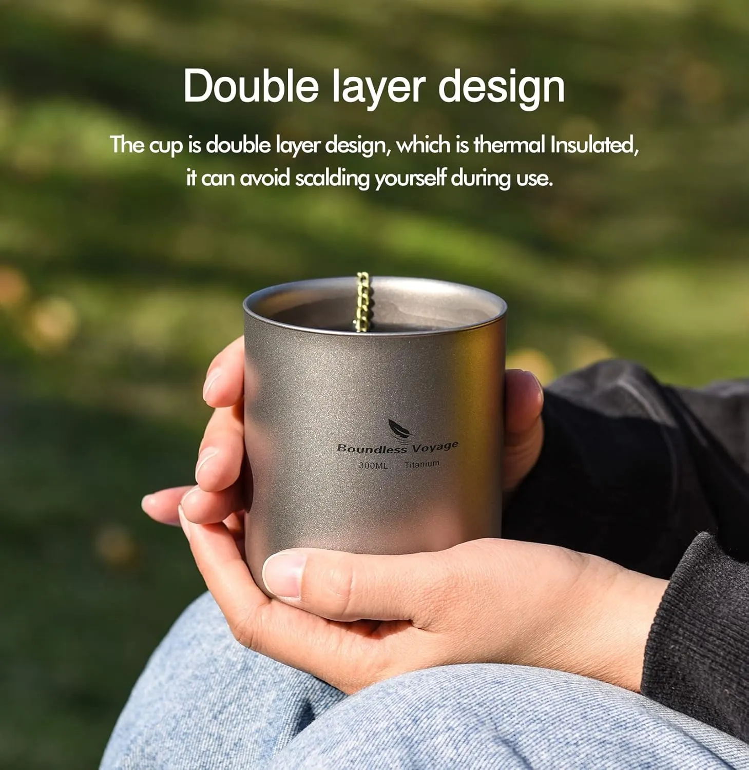 iBasingo 450ml Titanium Double-Walled Cup Ultralight Camping Tea Coffee Mug Metal Durable Cold Hot Insulated Drinking Mug Portable Tableware for Outdoor Travel Hiking Backpacking Picnic Ti3030D