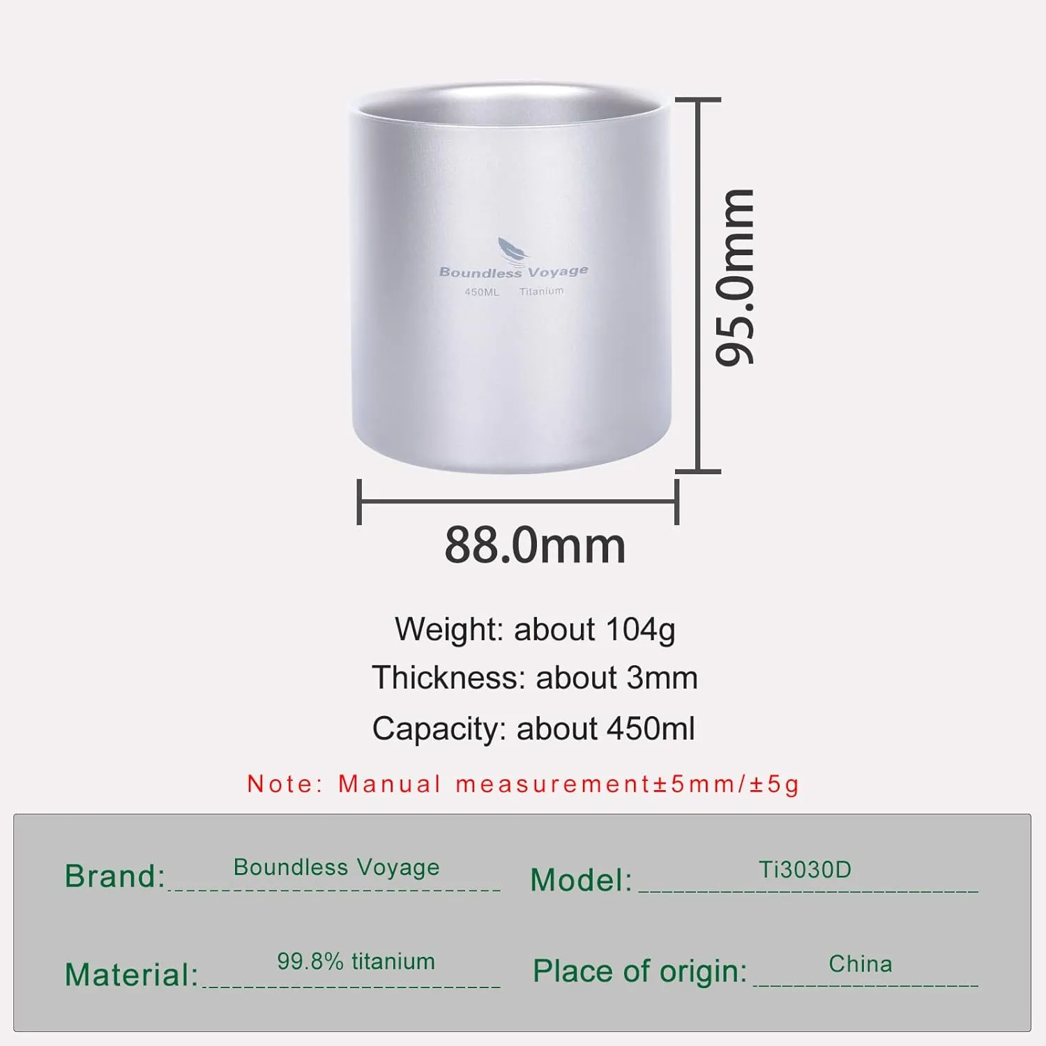 iBasingo 450ml Titanium Double-Walled Cup Ultralight Camping Tea Coffee Mug Metal Durable Cold Hot Insulated Drinking Mug Portable Tableware for Outdoor Travel Hiking Backpacking Picnic Ti3030D