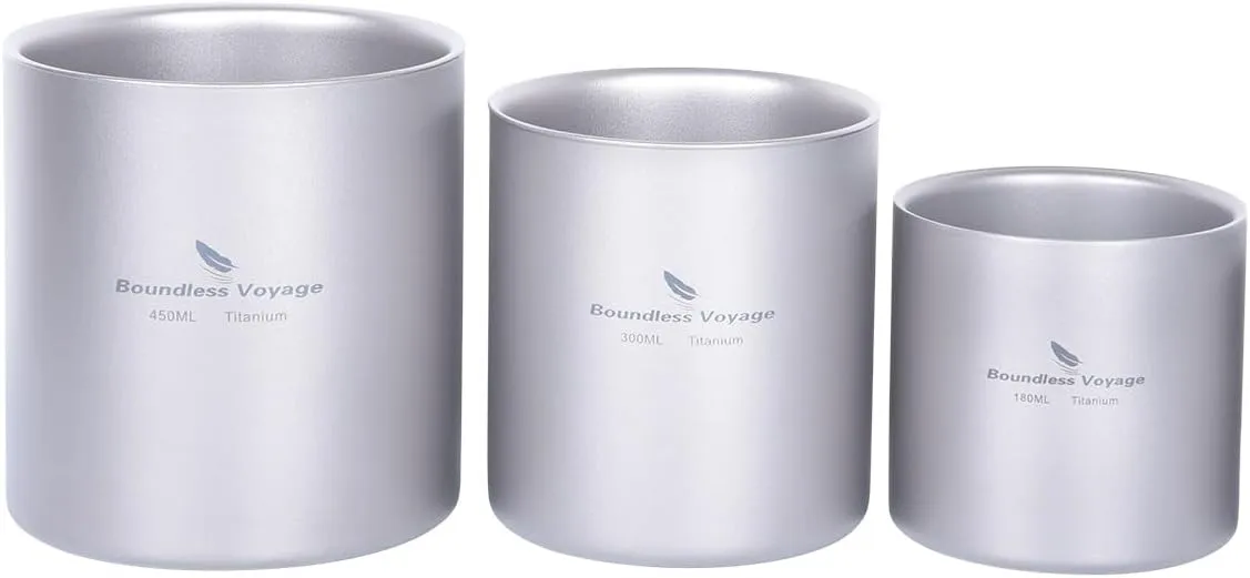 iBasingo Titanium Double-Walled Cups 180ml 300ml 450ml Ultralight Camping Tea Coffee Mug Cold Hot Insulated Drinking Mug Portable Tableware for Outdoor Travel Hiking Picnic Daily Used Ti3028930D