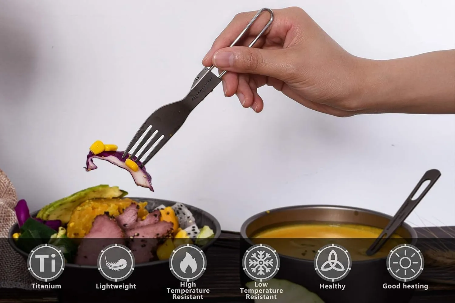 iBasingo Titanium Spork Spoon Fork Knife with Folding Handle Ultralight Dinnerware Utensils for Camping Outdoor Picnic Hiking Travel Home use