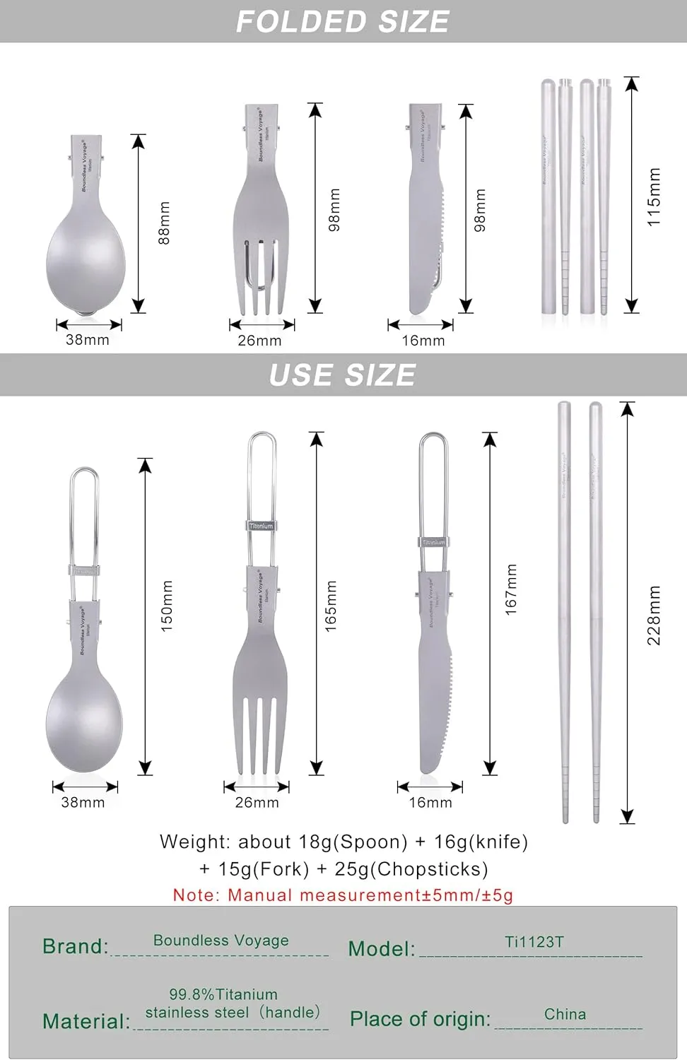 iBasingo Titanium Spork Spoon Fork Knife with Folding Handle Ultralight Dinnerware Utensils for Camping Outdoor Picnic Hiking Travel Home use