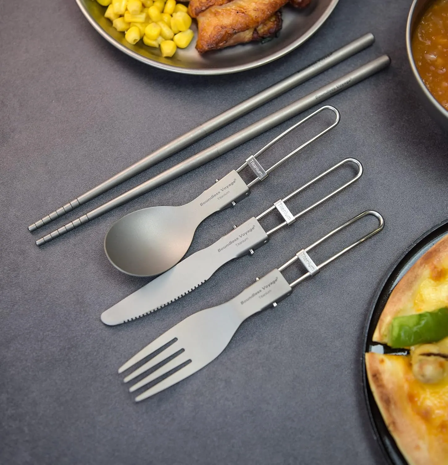 iBasingo Titanium Spork Spoon Fork Knife with Folding Handle Ultralight Dinnerware Utensils for Camping Outdoor Picnic Hiking Travel Home use