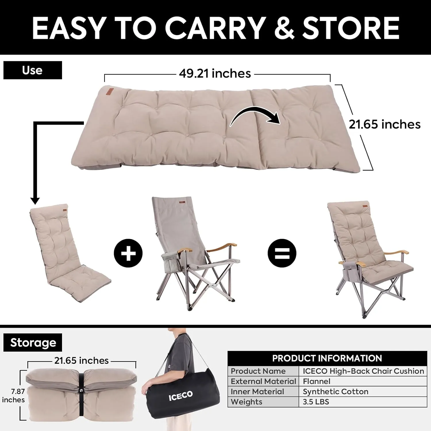 ICECO Flannel Chair Cushion Camping Chair (only Cushion not Include Chair), Portable with Storage Bag