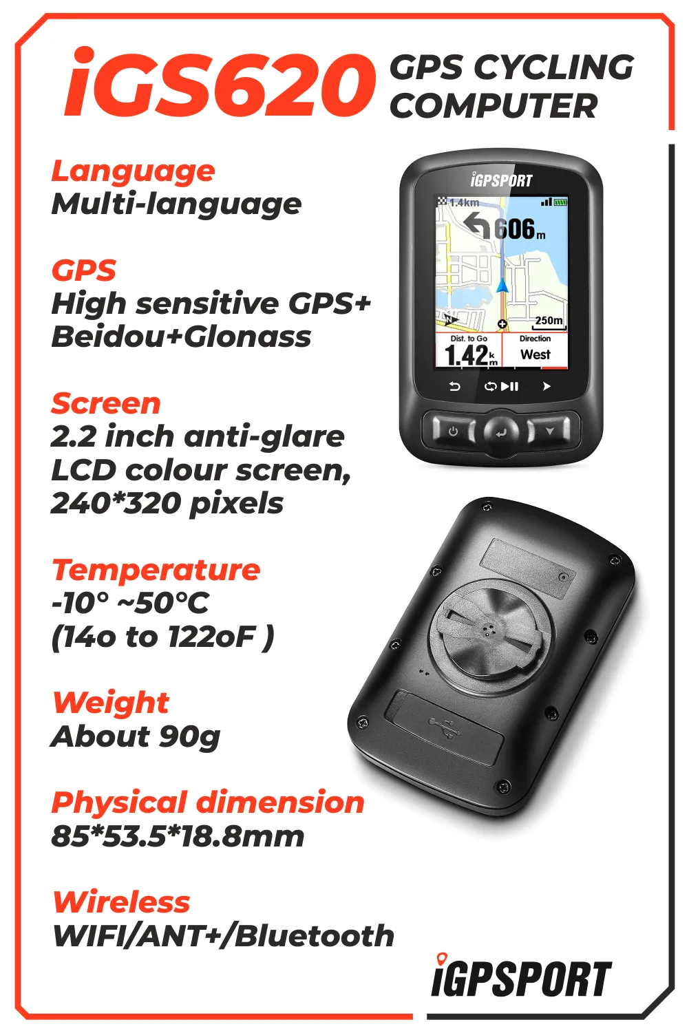 iGPSPORT iGS620 GPS Cycling Computer with Wearable4U Bundle