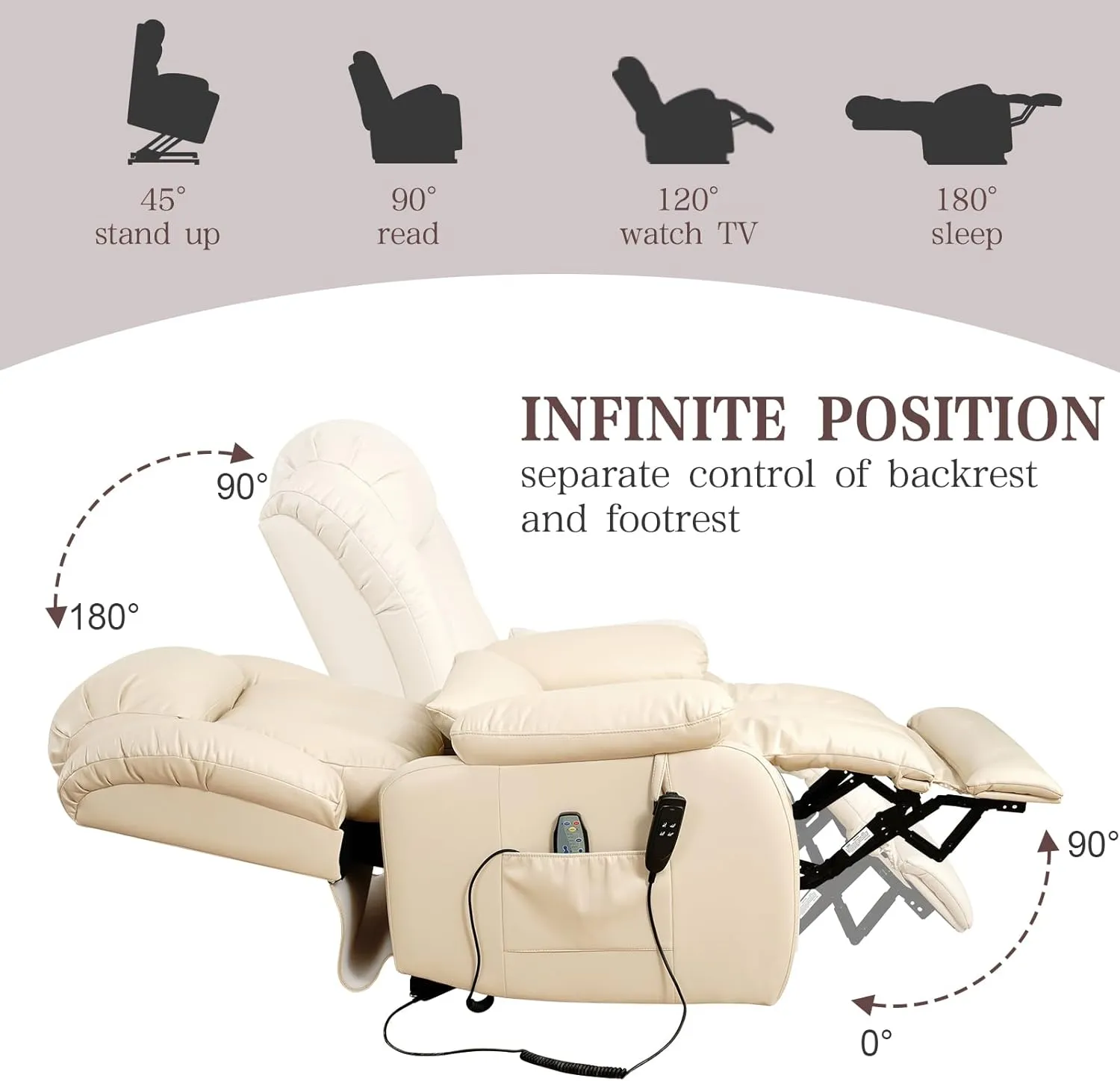 Infinite Position Lay Flat Lift Recliner Chair for Adults, Dual Motor Power Lift Chair for Elderly with Massage & Heating, Extended Footrest, USB Ports, Remote Control & Lumbar Pillow, Leather (Cream)