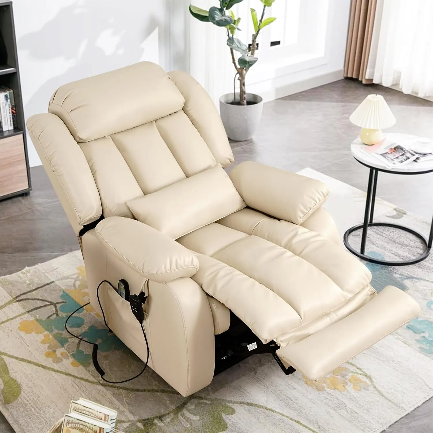 Infinite Position Lay Flat Lift Recliner Chair for Adults, Dual Motor Power Lift Chair for Elderly with Massage & Heating, Extended Footrest, USB Ports, Remote Control & Lumbar Pillow, Leather (Cream)