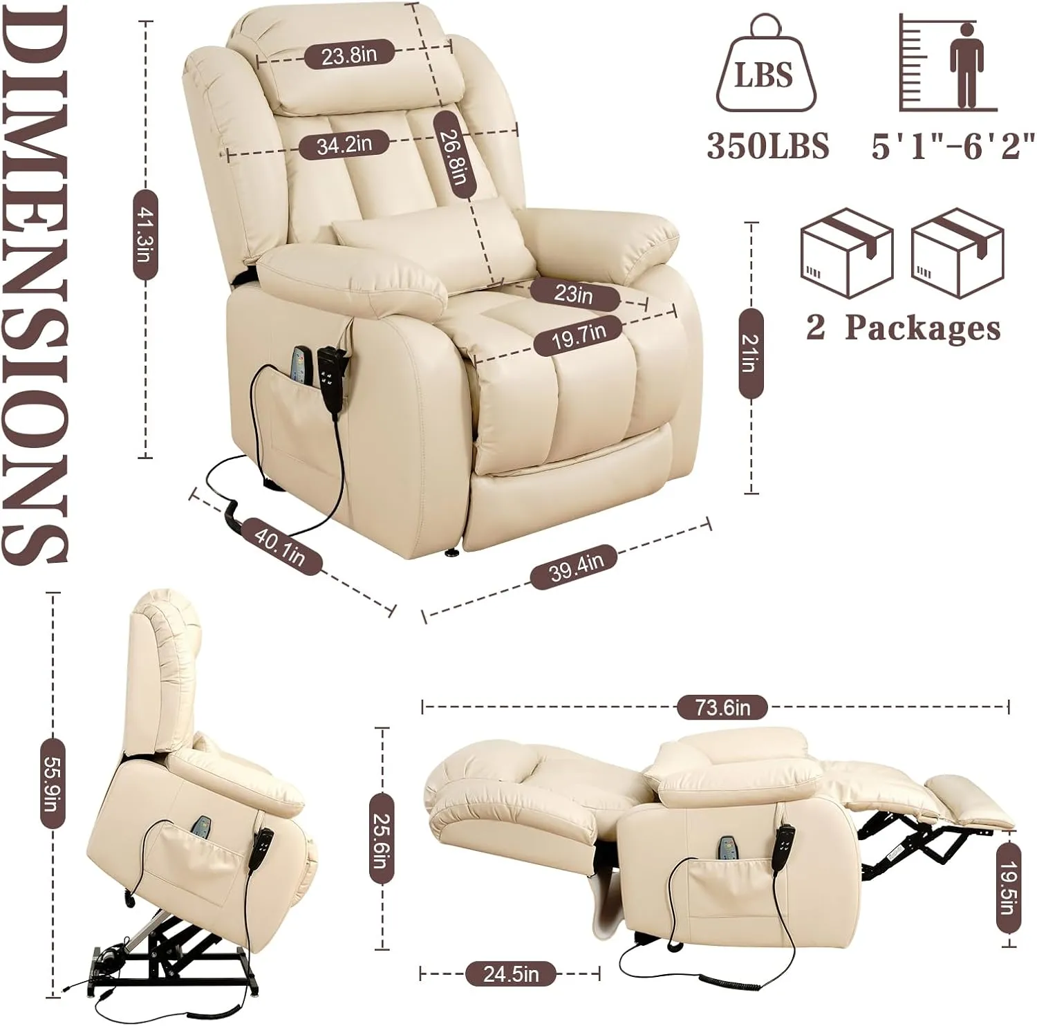 Infinite Position Lay Flat Lift Recliner Chair for Adults, Dual Motor Power Lift Chair for Elderly with Massage & Heating, Extended Footrest, USB Ports, Remote Control & Lumbar Pillow, Leather (Cream)