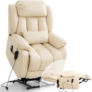 Infinite Position Lay Flat Lift Recliner Chair for Adults, Dual Motor Power Lift Chair for Elderly with Massage & Heating, Extended Footrest, USB Ports, Remote Control & Lumbar Pillow, Leather (Cream)