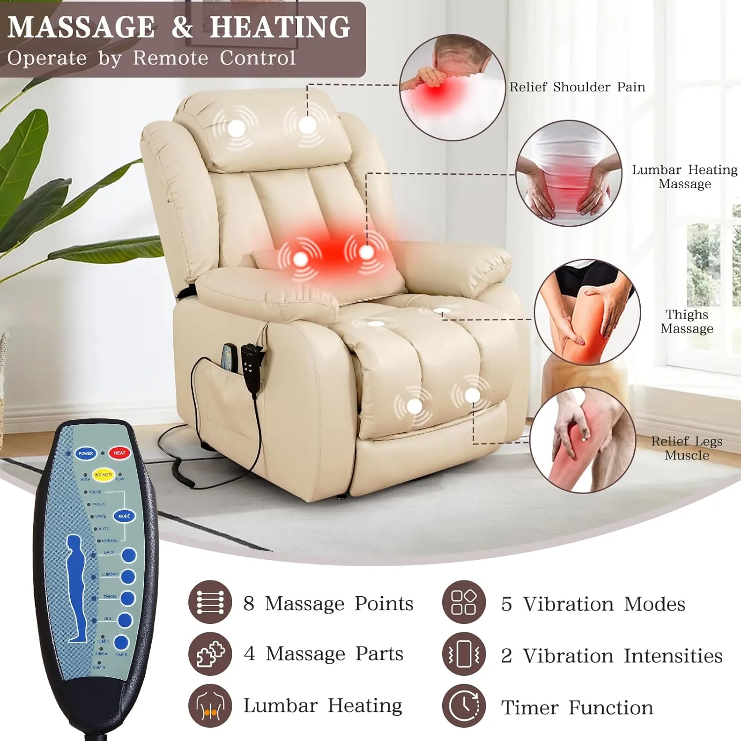 Infinite Position Lay Flat Lift Recliner Chair for Adults, Dual Motor Power Lift Chair for Elderly with Massage & Heating, Extended Footrest, USB Ports, Remote Control & Lumbar Pillow, Leather (Cream)
