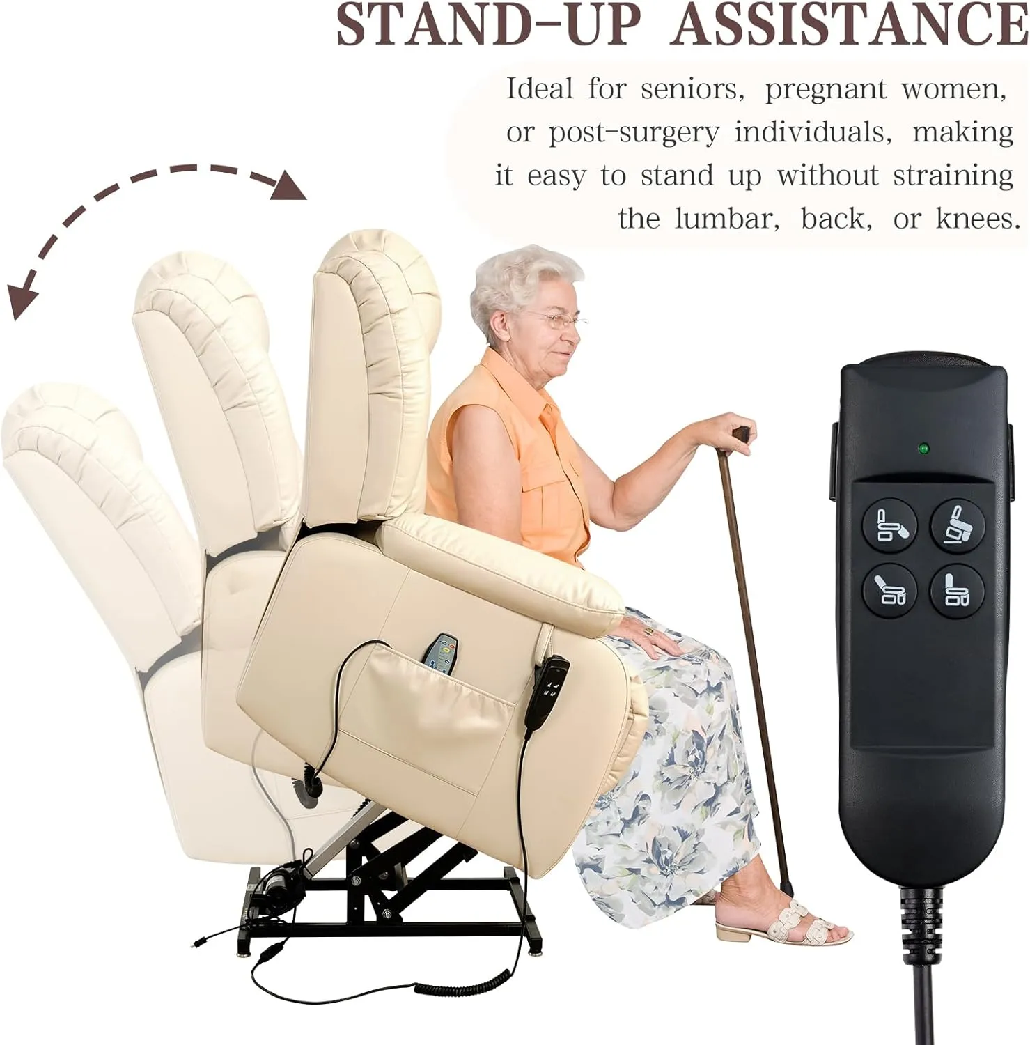Infinite Position Lay Flat Lift Recliner Chair for Adults, Dual Motor Power Lift Chair for Elderly with Massage & Heating, Extended Footrest, USB Ports, Remote Control & Lumbar Pillow, Leather (Cream)