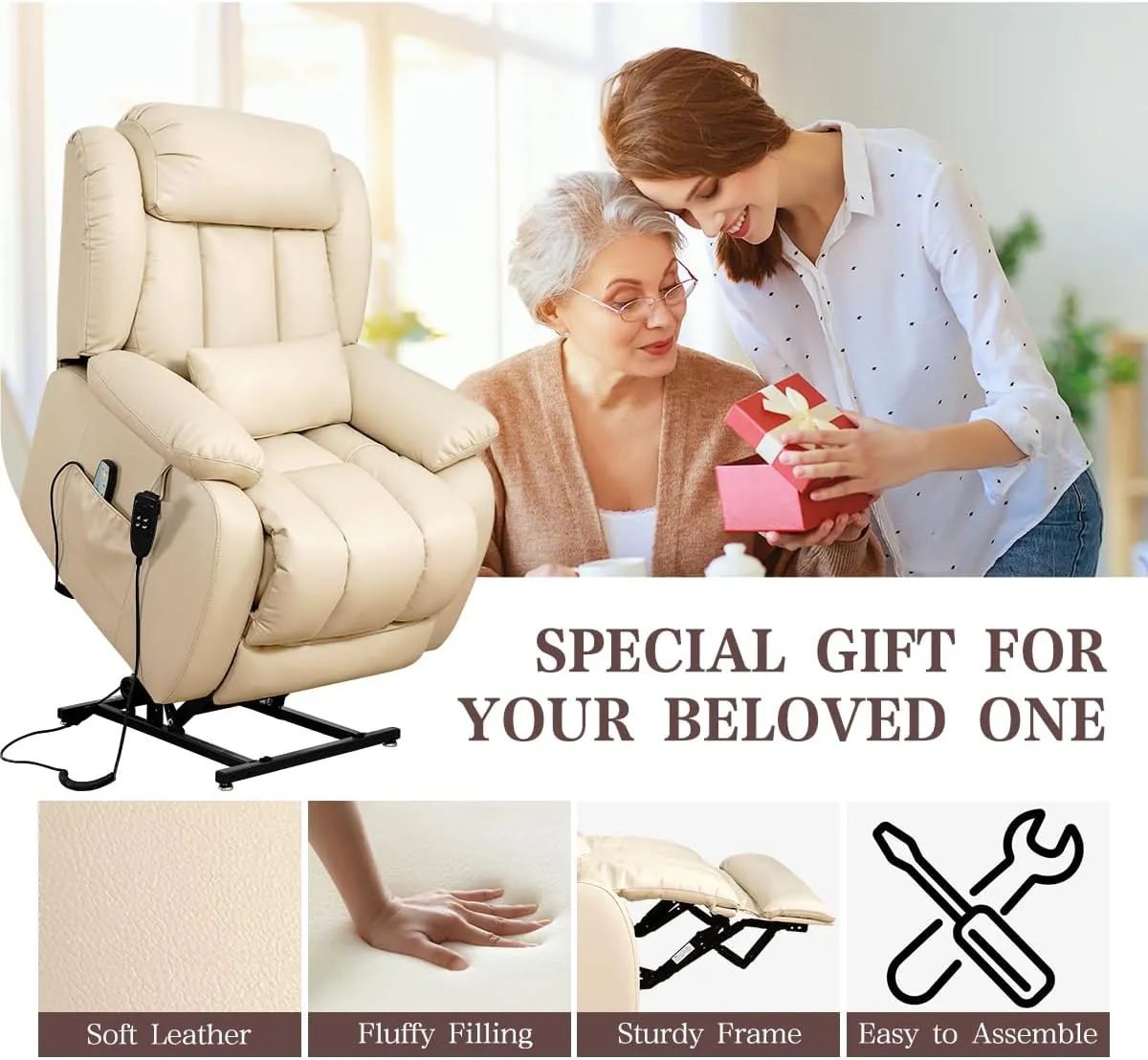 Infinite Position Lay Flat Lift Recliner Chair for Adults, Dual Motor Power Lift Chair for Elderly with Massage & Heating, Extended Footrest, USB Ports, Remote Control & Lumbar Pillow, Leather (Cream)