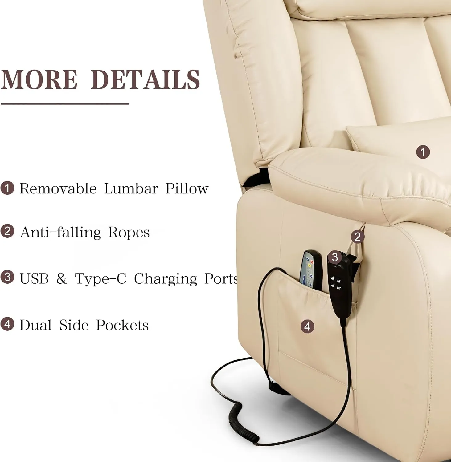 Infinite Position Lay Flat Lift Recliner Chair for Adults, Dual Motor Power Lift Chair for Elderly with Massage & Heating, Extended Footrest, USB Ports, Remote Control & Lumbar Pillow, Leather (Cream)