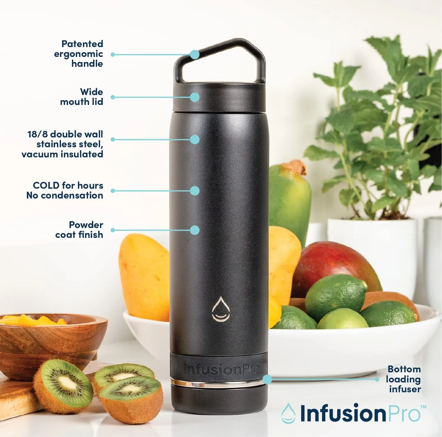 Infusion Pro Fruit Infuser Water Bottle - Vacuum Insulated (20 oz) Stainless Steel : Fruit Infusion Recipe eBook : Bottom Loading for More Flavor : Easy Cleaning : Great Gift
