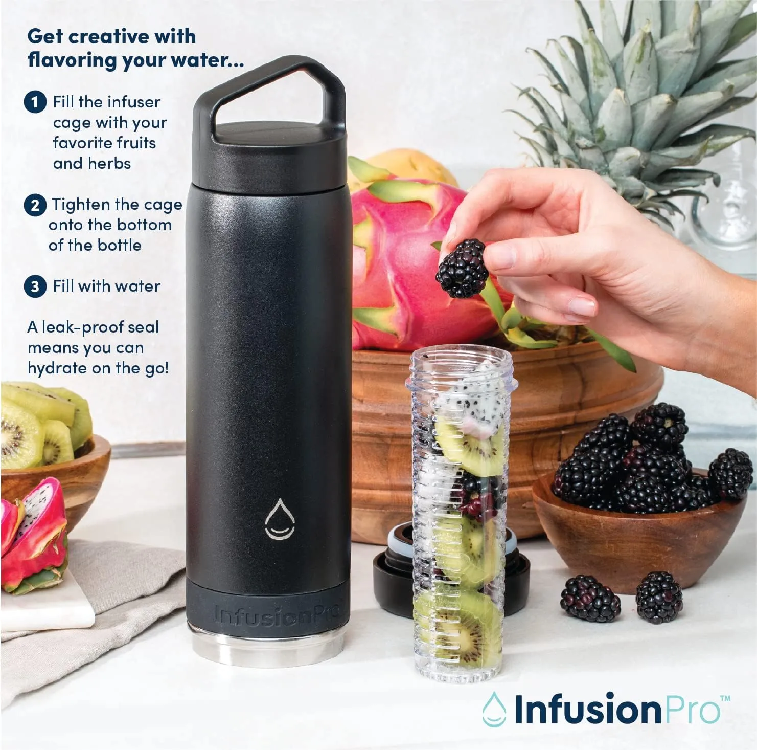 Infusion Pro Fruit Infuser Water Bottle - Vacuum Insulated (20 oz) Stainless Steel : Fruit Infusion Recipe eBook : Bottom Loading for More Flavor : Easy Cleaning : Great Gift