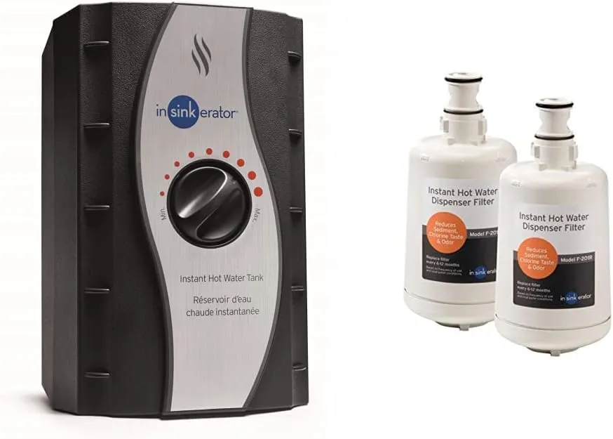 InSinkErator Instant Hot Water Tank - 2/3 Gallon Stainless Steel Tank, HWT-00, Black & F-201R Replacment Water Filter Cartridges, 2 Count (Pack of 1), White, 2 Pack