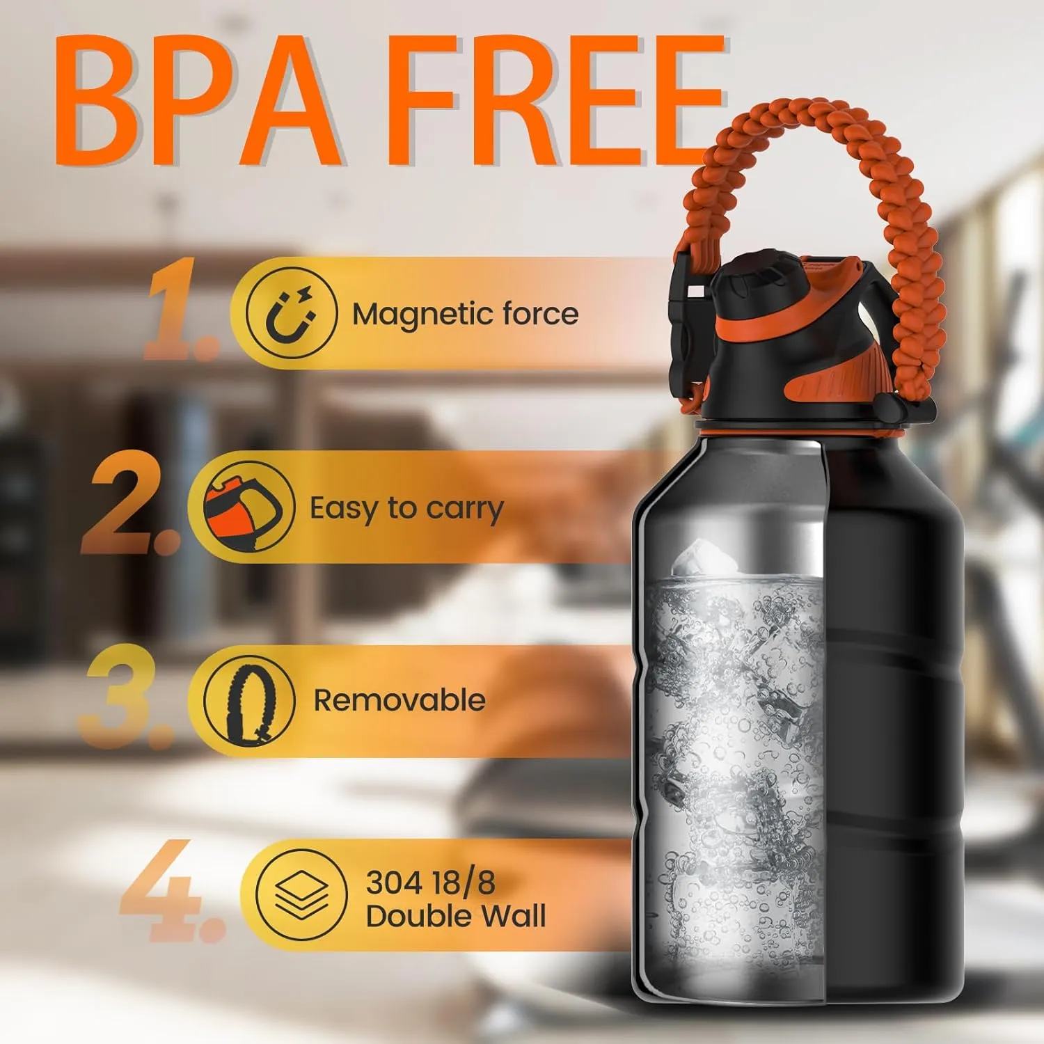 Insulated Half Gallon Water Bottle 64oz with Magnetic Lid, Stainless Steel Double-Wall Vacuum Leak Proof Sports Insulated Jug with Paracord Handle, Keep Water Hot & Cold for Outdoor,Gym