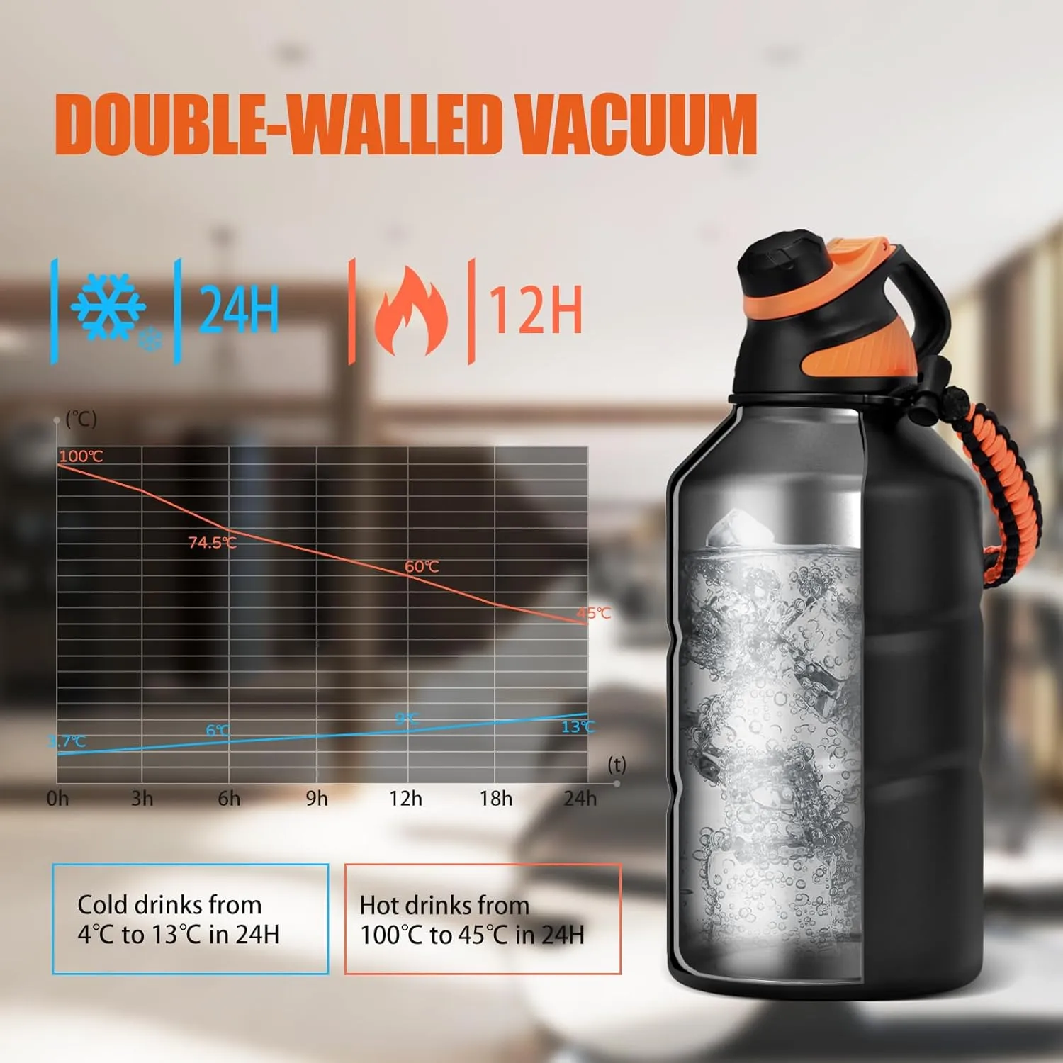 Insulated Half Gallon Water Bottle 64oz with Magnetic Lid, Stainless Steel Double-Wall Vacuum Leak Proof Sports Insulated Jug with Paracord Handle, Keep Water Hot & Cold for Outdoor,Gym