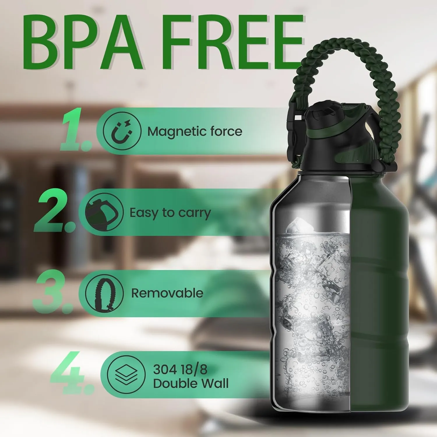 Insulated Half Gallon Water Bottle 64oz with Magnetic Lid, Stainless Steel Double-Wall Vacuum Leak Proof Sports Insulated Jug with Paracord Handle, Keep Water Hot & Cold for Outdoor,Gym