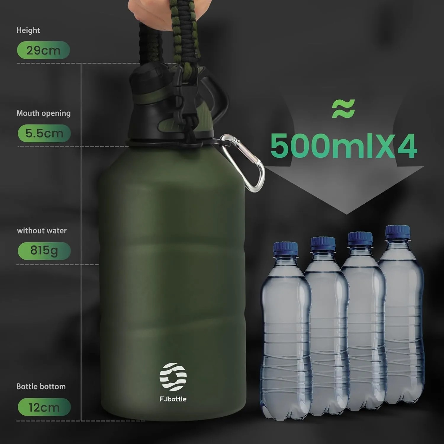 Insulated Half Gallon Water Bottle 64oz with Magnetic Lid, Stainless Steel Double-Wall Vacuum Leak Proof Sports Insulated Jug with Paracord Handle, Keep Water Hot & Cold for Outdoor,Gym