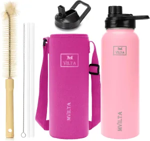 Insulated Stainless Steel Water Bottle-Double Walled Vacuum Reusable Sports Water Bottle With Free Bottle Accessories - Ice: Up to 24 Hrs. Hot: Up to 12 Hrs. 40oz Baby Pink