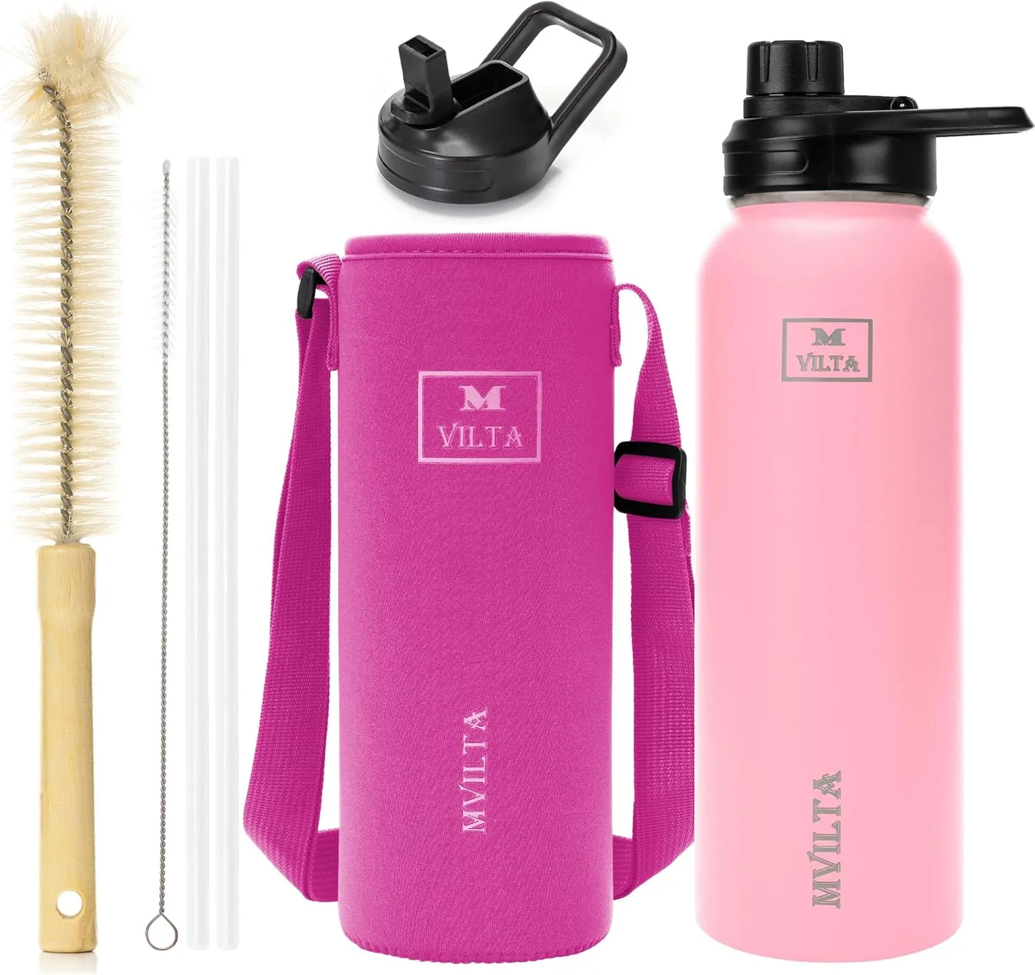 Insulated Stainless Steel Water Bottle-Double Walled Vacuum Reusable Sports Water Bottle With Free Bottle Accessories - Ice: Up to 24 Hrs. Hot: Up to 12 Hrs. 40oz Baby Pink