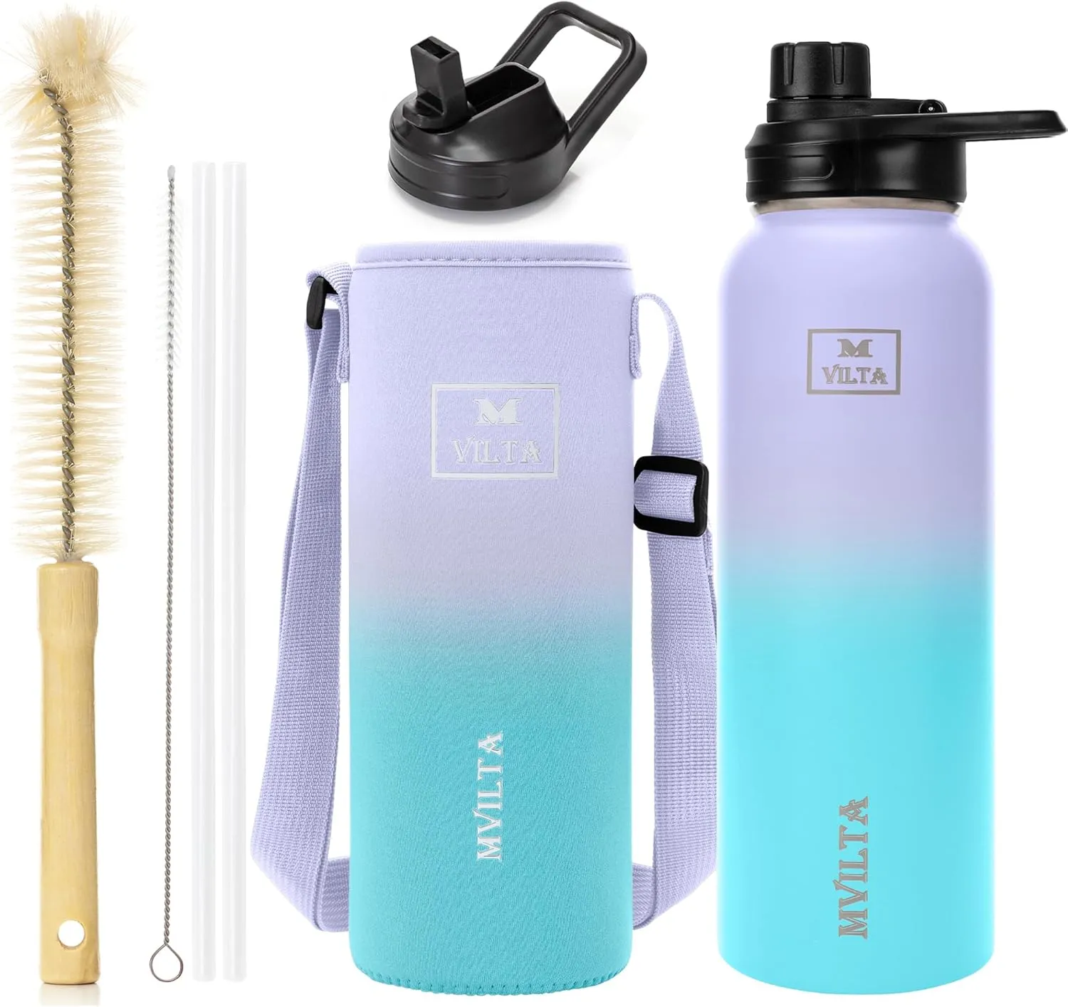 Insulated Stainless Steel Water Bottle-Double Walled Vacuum Reusable Sports Water Bottle With Free Bottle Accessories - Ice: Up to 24 Hrs. Hot: Up to 12 Hrs. 40oz Lavender-Blue
