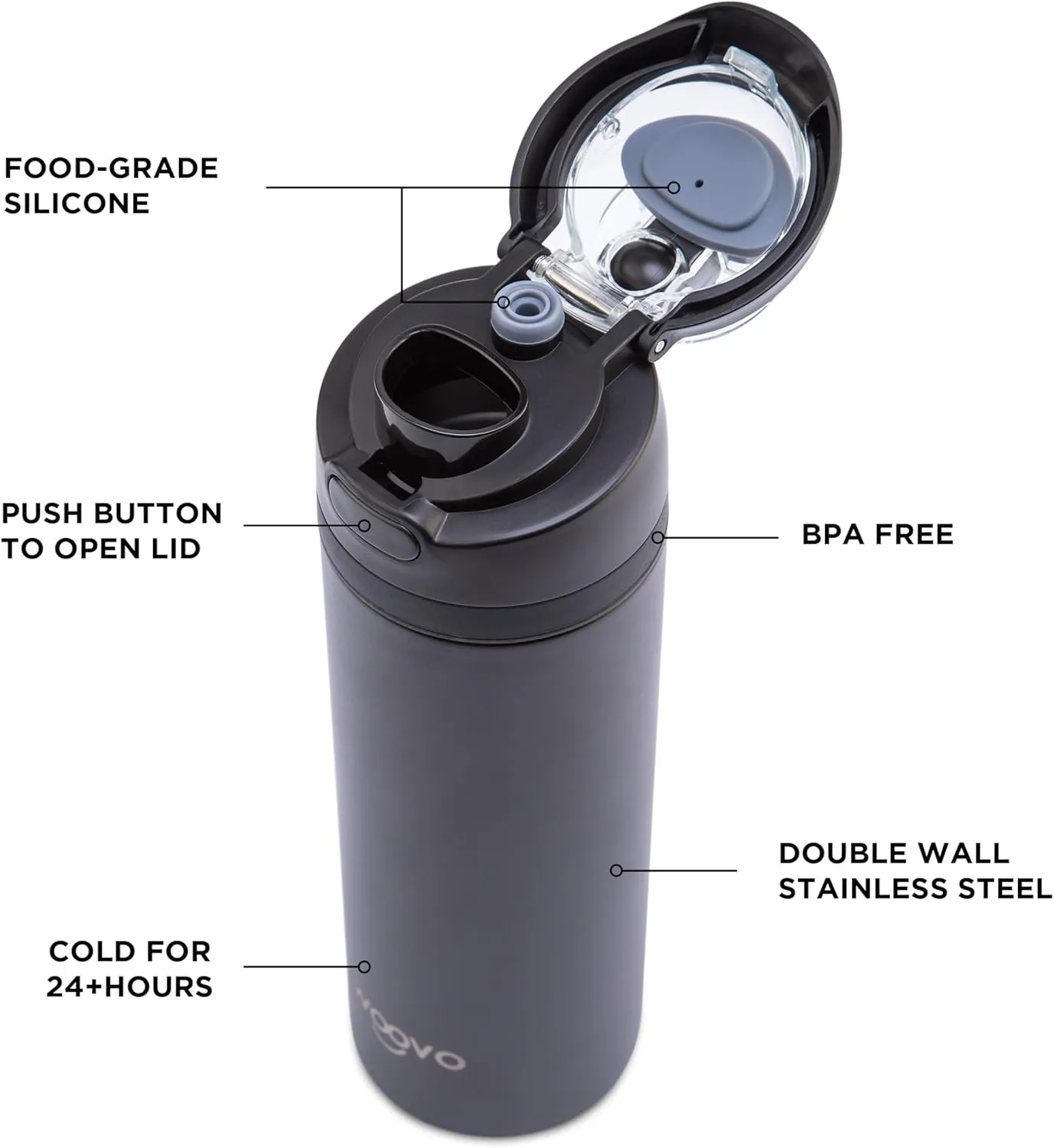 Insulated Water Bottle 24 oz Flip Top, Leak Proof Water Bottle with Straw Lid and Carrying Loop, Reusable Dishwasher Safe Water Bottle Stainless Steel for Travel Sports Gym, Black