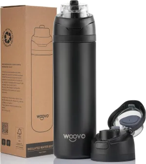 Insulated Water Bottle 24 oz Flip Top, Leak Proof Water Bottle with Straw Lid and Carrying Loop, Reusable Dishwasher Safe Water Bottle Stainless Steel for Travel Sports Gym, Black
