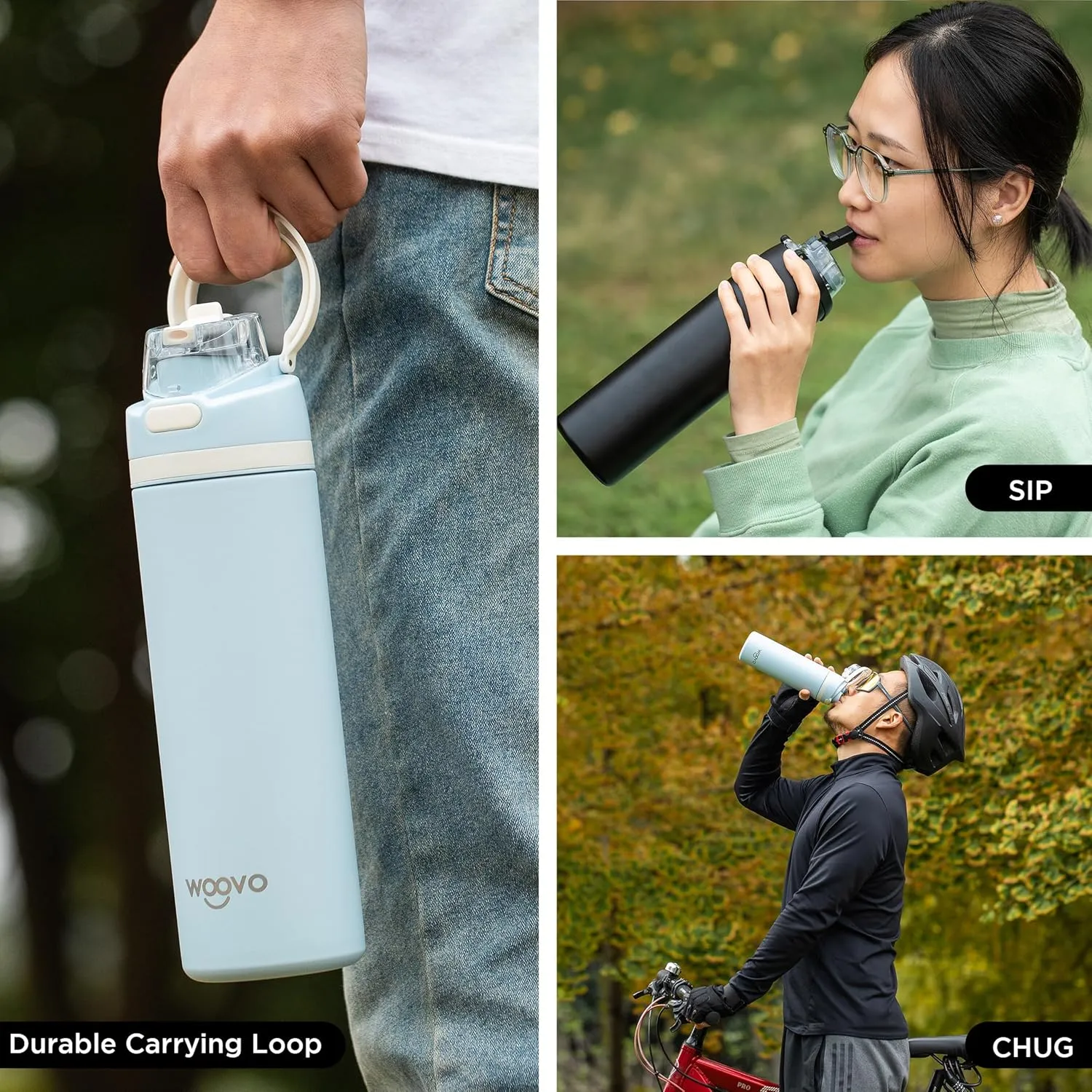 Insulated Water Bottle 24 oz Flip Top, Leak Proof Water Bottle with Straw Lid and Carrying Loop, Reusable Dishwasher Safe Water Bottle Stainless Steel for Travel Sports Gym, Black