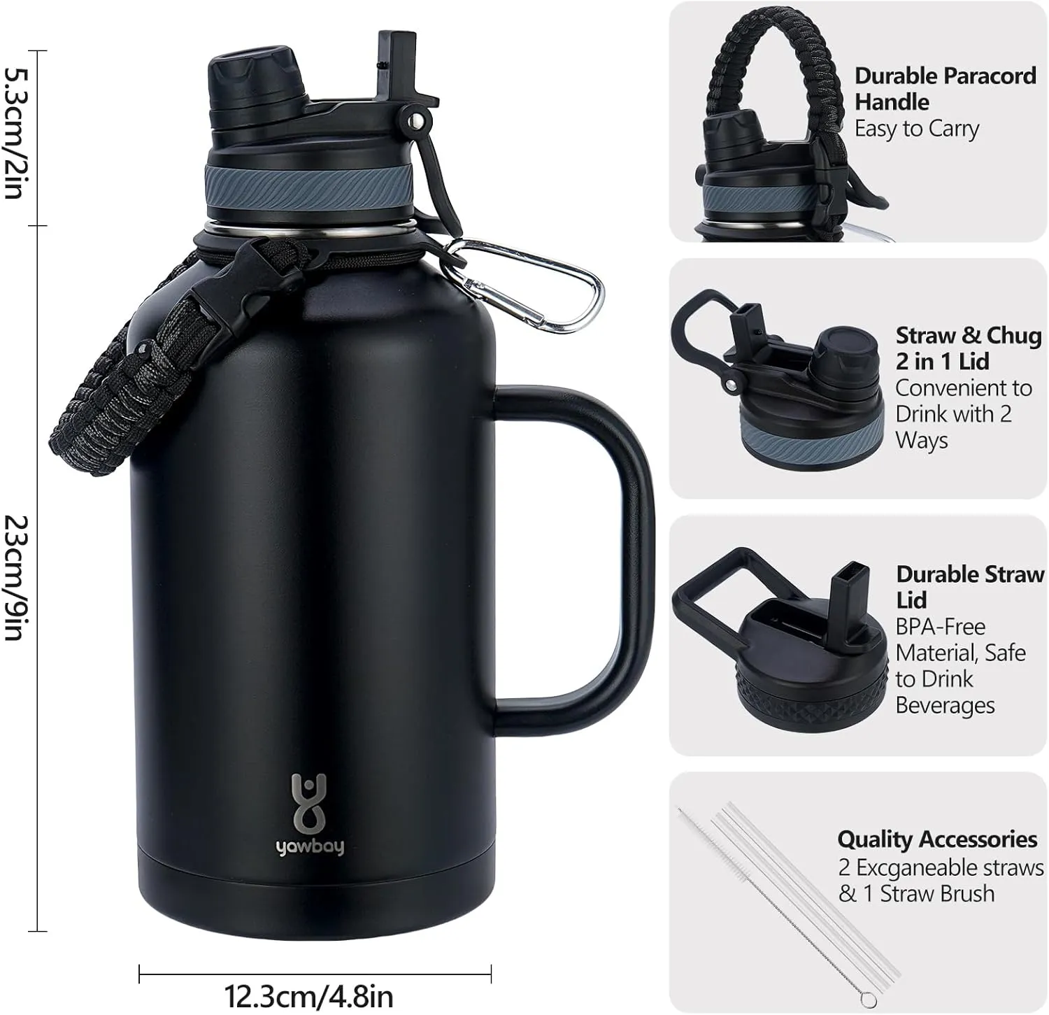 Insulated Water Bottle 64 oz with 2-in-1 Straw Lids & Handle,Half Gallon Water Bottle Flask Jug with Paracord Handle Leak Proof Large Big Water Bottle for Hiking,Sports,Camping,Long Drive,Fishing