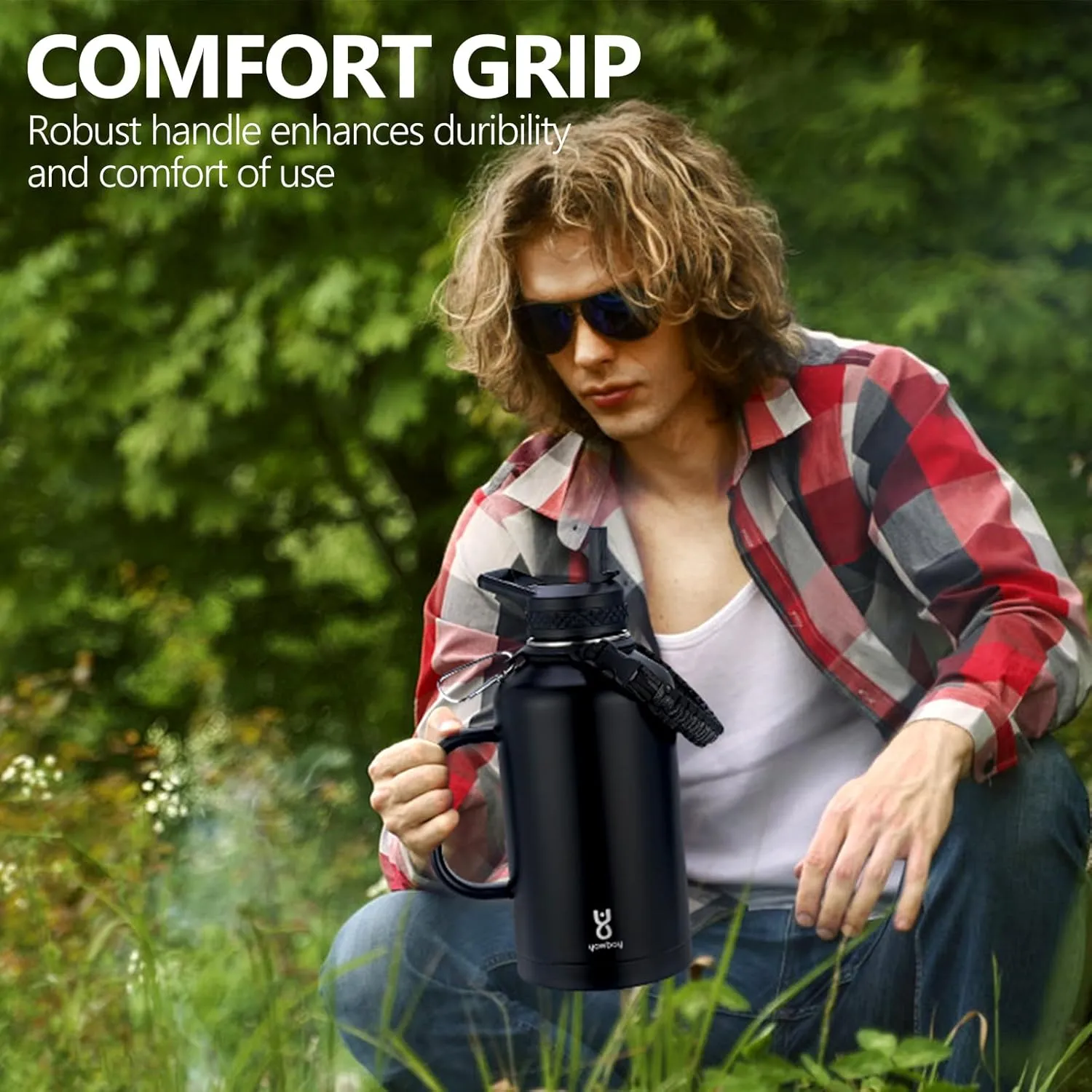 Insulated Water Bottle 64 oz with 2-in-1 Straw Lids & Handle,Half Gallon Water Bottle Flask Jug with Paracord Handle Leak Proof Large Big Water Bottle for Hiking,Sports,Camping,Long Drive,Fishing