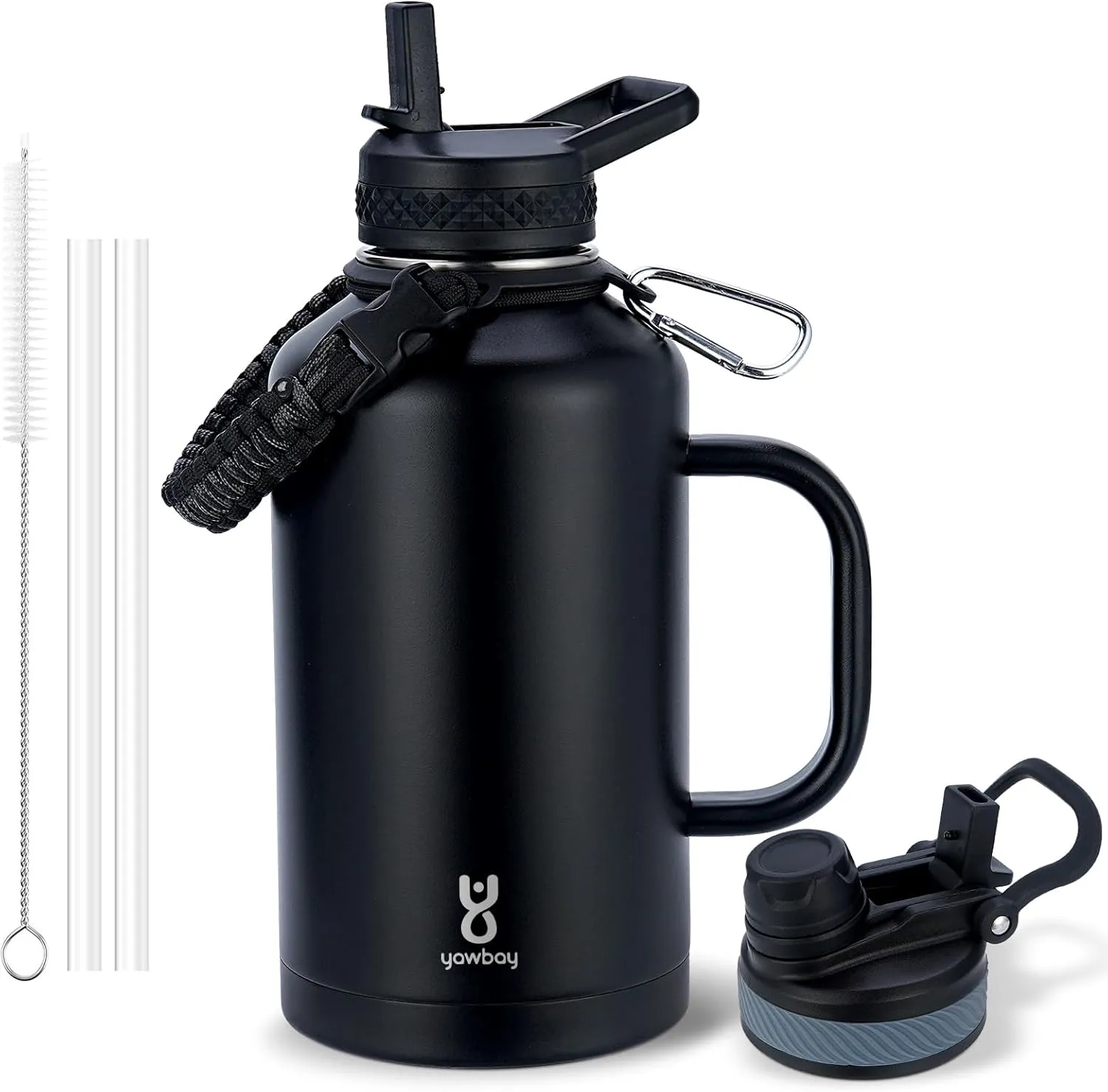 Insulated Water Bottle 64 oz with 2-in-1 Straw Lids & Handle,Half Gallon Water Bottle Flask Jug with Paracord Handle Leak Proof Large Big Water Bottle for Hiking,Sports,Camping,Long Drive,Fishing