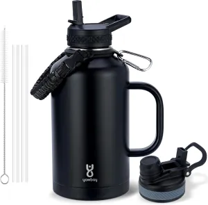 Insulated Water Bottle 64 oz with 2-in-1 Straw Lids & Handle,Half Gallon Water Bottle Flask Jug with Paracord Handle Leak Proof Large Big Water Bottle for Hiking,Sports,Camping,Long Drive,Fishing