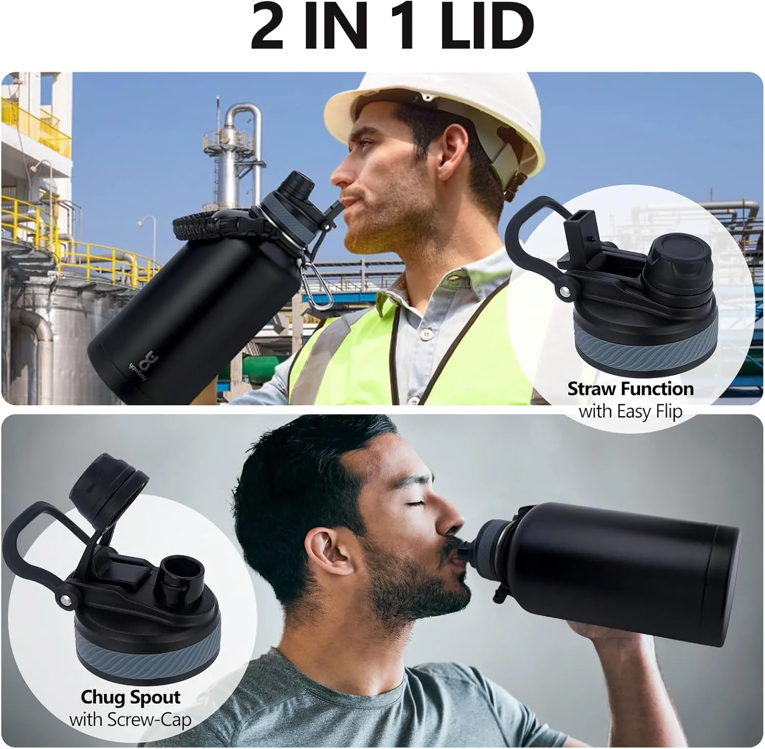 Insulated Water Bottle 64 oz with 2-in-1 Straw Lids & Handle,Half Gallon Water Bottle Flask Jug with Paracord Handle Leak Proof Large Big Water Bottle for Hiking,Sports,Camping,Long Drive,Fishing