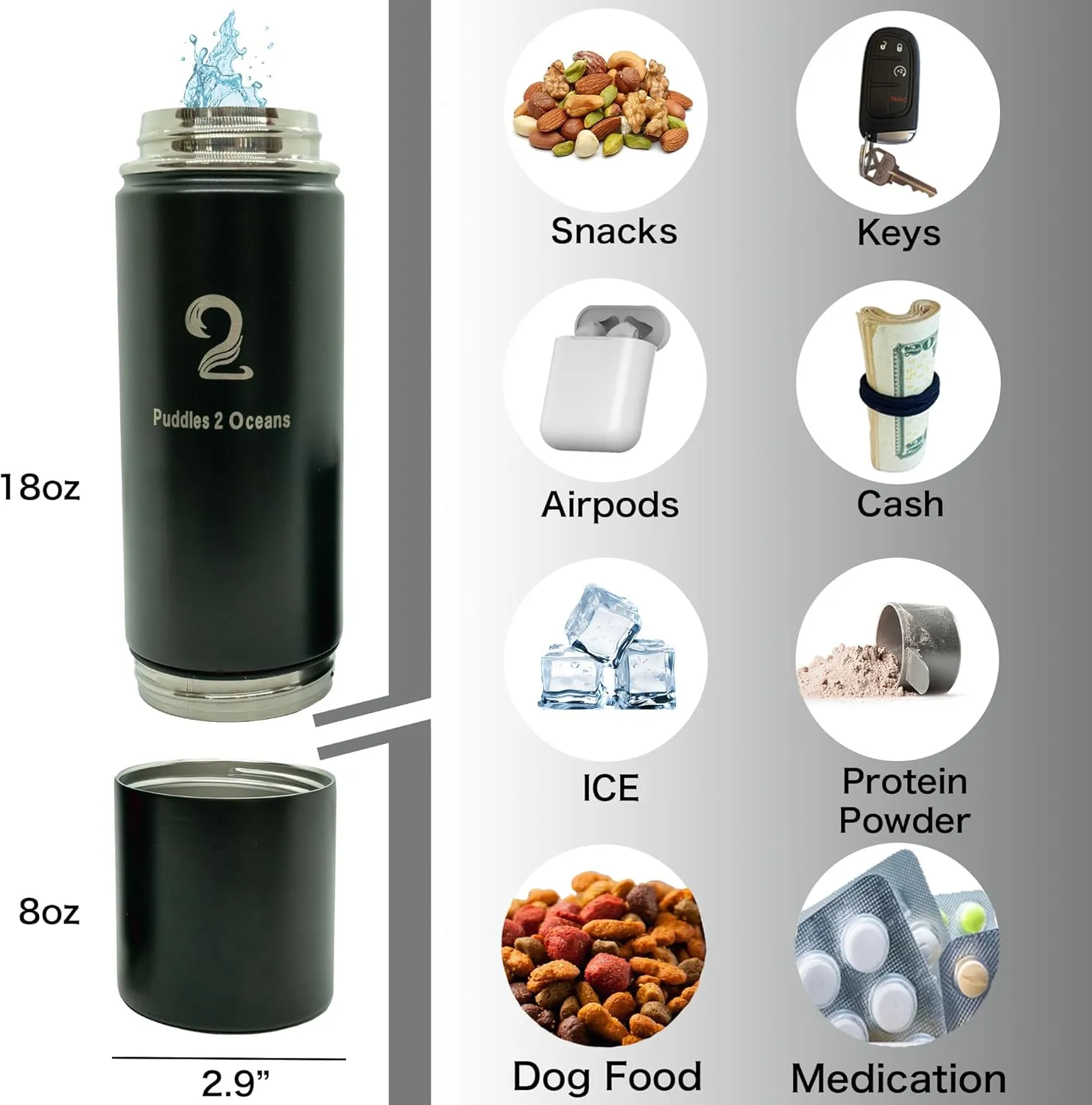 Insulated Water Bottle & Snack Container - Stainless Steel Water Bottle, 3 Lid Types BPA Free, Leak & Spill Proof Travel Bottle for Kids & Adults - Double Wall Tumbler Perfect for Gym, Hiking & School