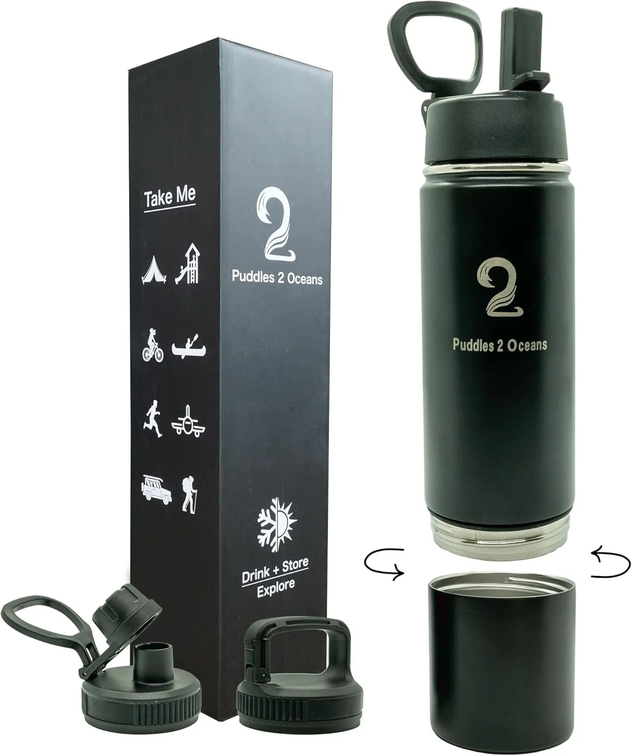 Insulated Water Bottle & Snack Container - Stainless Steel Water Bottle, 3 Lid Types BPA Free, Leak & Spill Proof Travel Bottle for Kids & Adults - Double Wall Tumbler Perfect for Gym, Hiking & School
