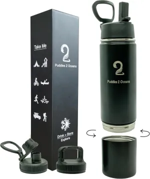Insulated Water Bottle & Snack Container - Stainless Steel Water Bottle, 3 Lid Types BPA Free, Leak & Spill Proof Travel Bottle for Kids & Adults - Double Wall Tumbler Perfect for Gym, Hiking & School