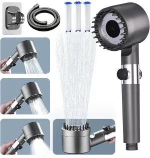 Ion Drops Shower Head with 60 Inch Hose and Shower Holder, 4 Spray Mode Showerhead for Hard Water, Filtered Showerhead with Water Filter, High Pressure Shower Head with Handheld, Grey