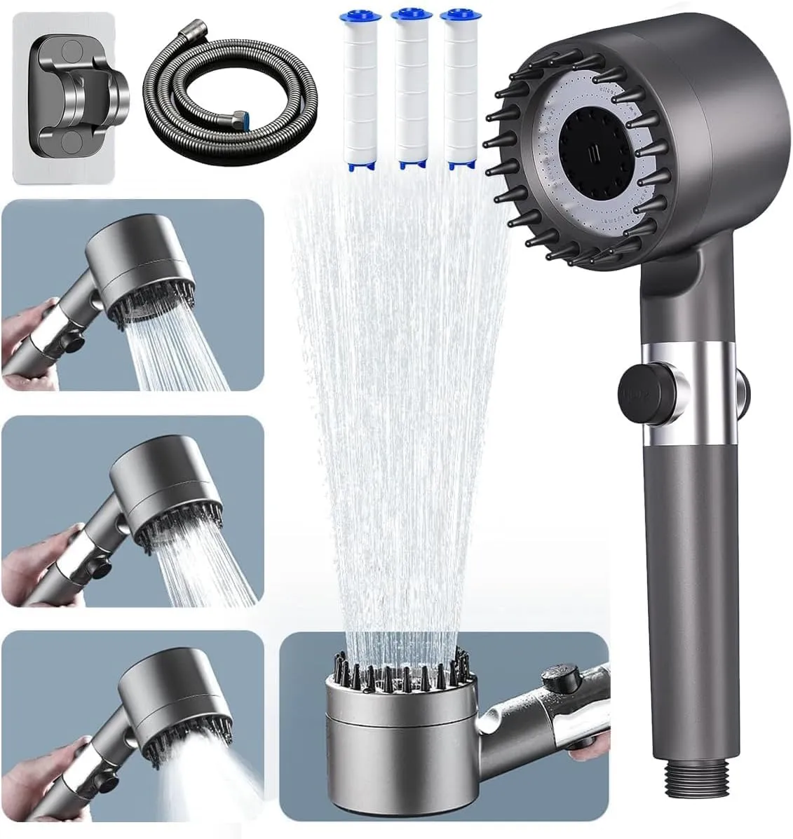 Ion Drops Shower Head with 60 Inch Hose and Shower Holder, 4 Spray Mode Showerhead for Hard Water, Filtered Showerhead with Water Filter, High Pressure Shower Head with Handheld, Grey