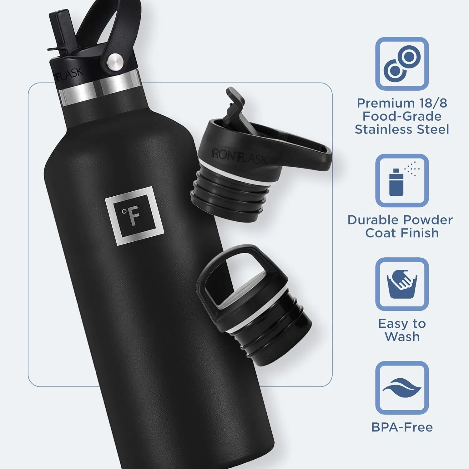 IRON °FLASK Camping & Hiking Hydration Canteens - 3 Lids (Narrow Straw Lid) Leak Proof Vacuum Insulated Stainless Steel - Hot & Cold Double Walled Sports Water Bottle - Black Marquina, 32 Oz