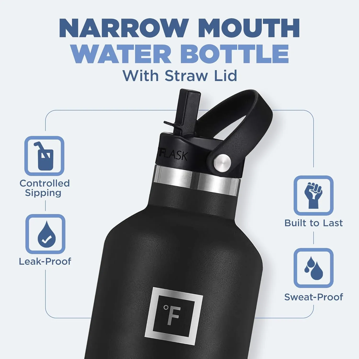 IRON °FLASK Camping & Hiking Hydration Canteens - 3 Lids (Narrow Straw Lid) Leak Proof Vacuum Insulated Stainless Steel - Hot & Cold Double Walled Sports Water Bottle - Black Marquina, 32 Oz