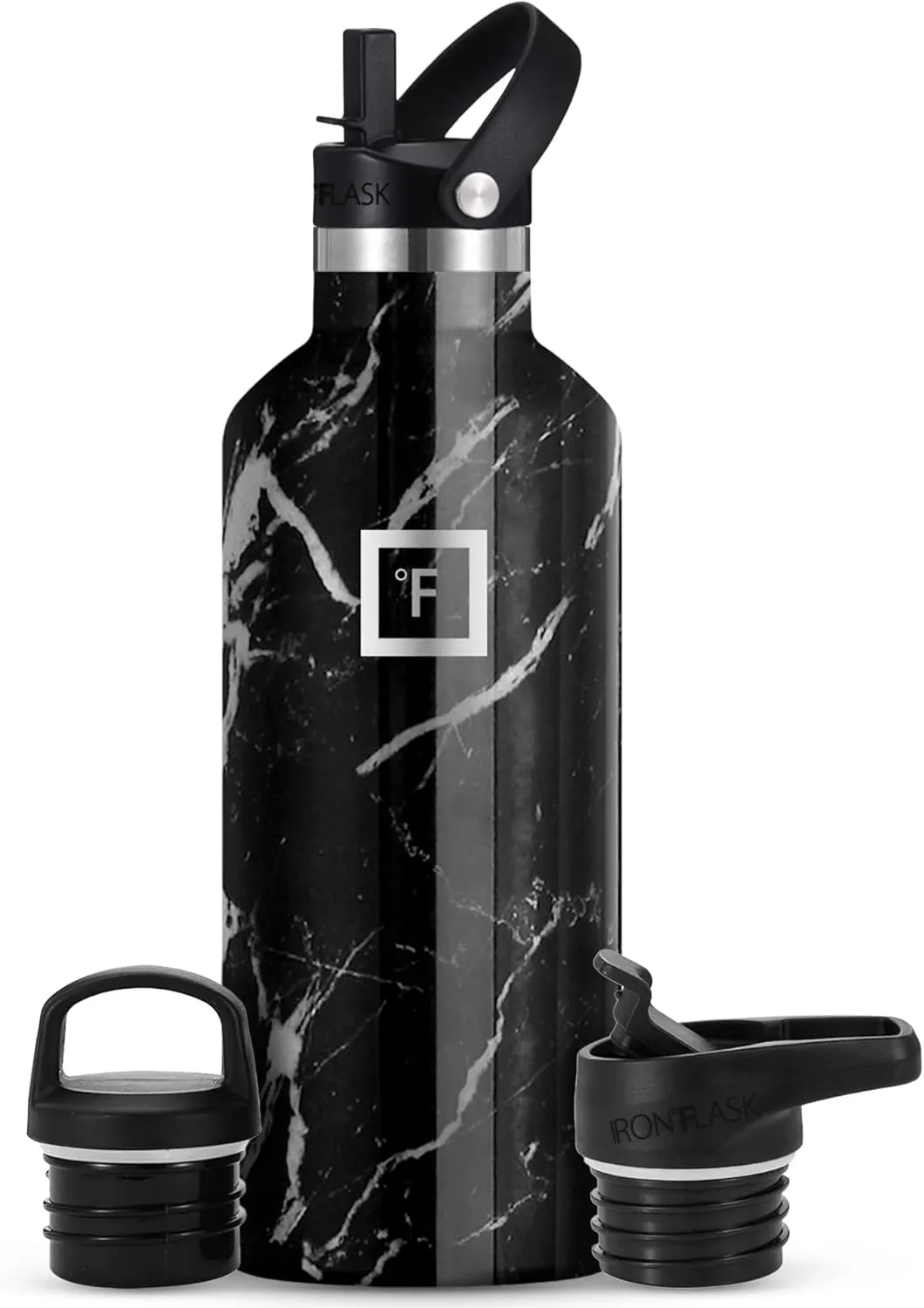 IRON °FLASK Camping & Hiking Hydration Canteens - 3 Lids (Narrow Straw Lid) Leak Proof Vacuum Insulated Stainless Steel - Hot & Cold Double Walled Sports Water Bottle - Black Marquina, 32 Oz