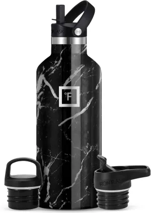 IRON °FLASK Camping & Hiking Hydration Canteens - 3 Lids (Narrow Straw Lid) Leak Proof Vacuum Insulated Stainless Steel - Hot & Cold Double Walled Sports Water Bottle - Black Marquina, 32 Oz