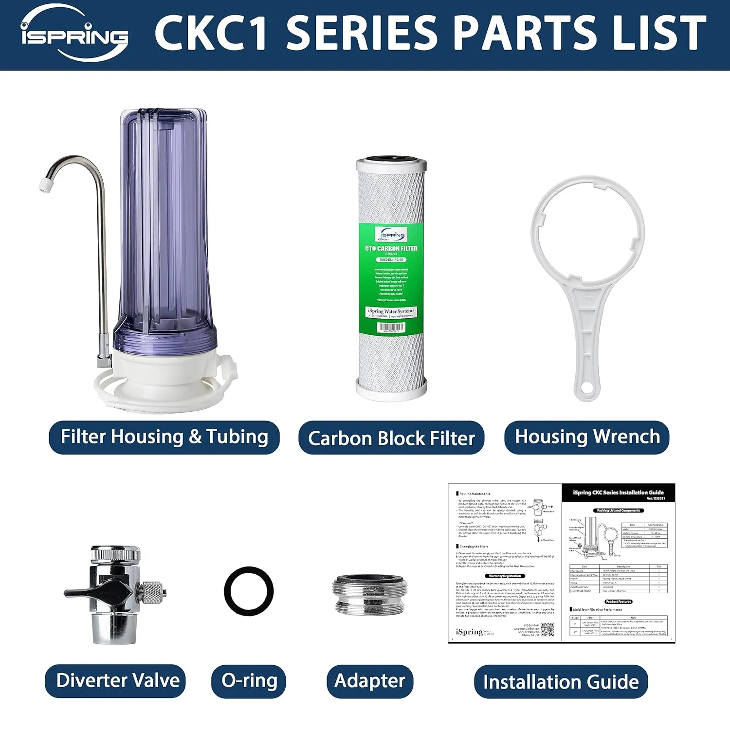iSpring CKC1C Countertop Drinking Water Filtration System with Carbon Filter, 2.5" x 10", Clear
