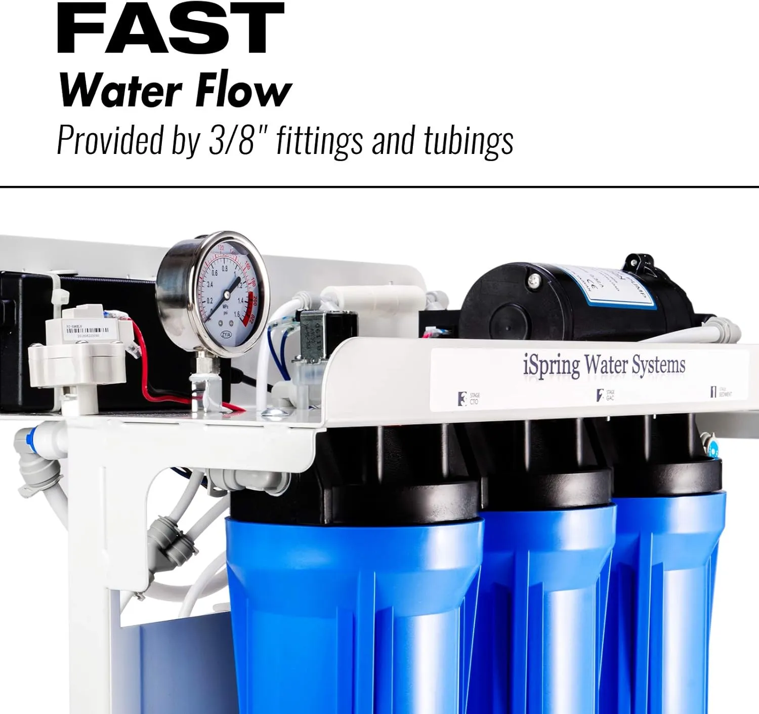 iSpring RCB3P Tankless Reverse Osmosis RO Water Filtration System, 300 GPD RO System, Reduces TDS, 1.5:1 Pure to Drain, Booster Pump & Pressure Gauge for Residential & Light Commercial Use