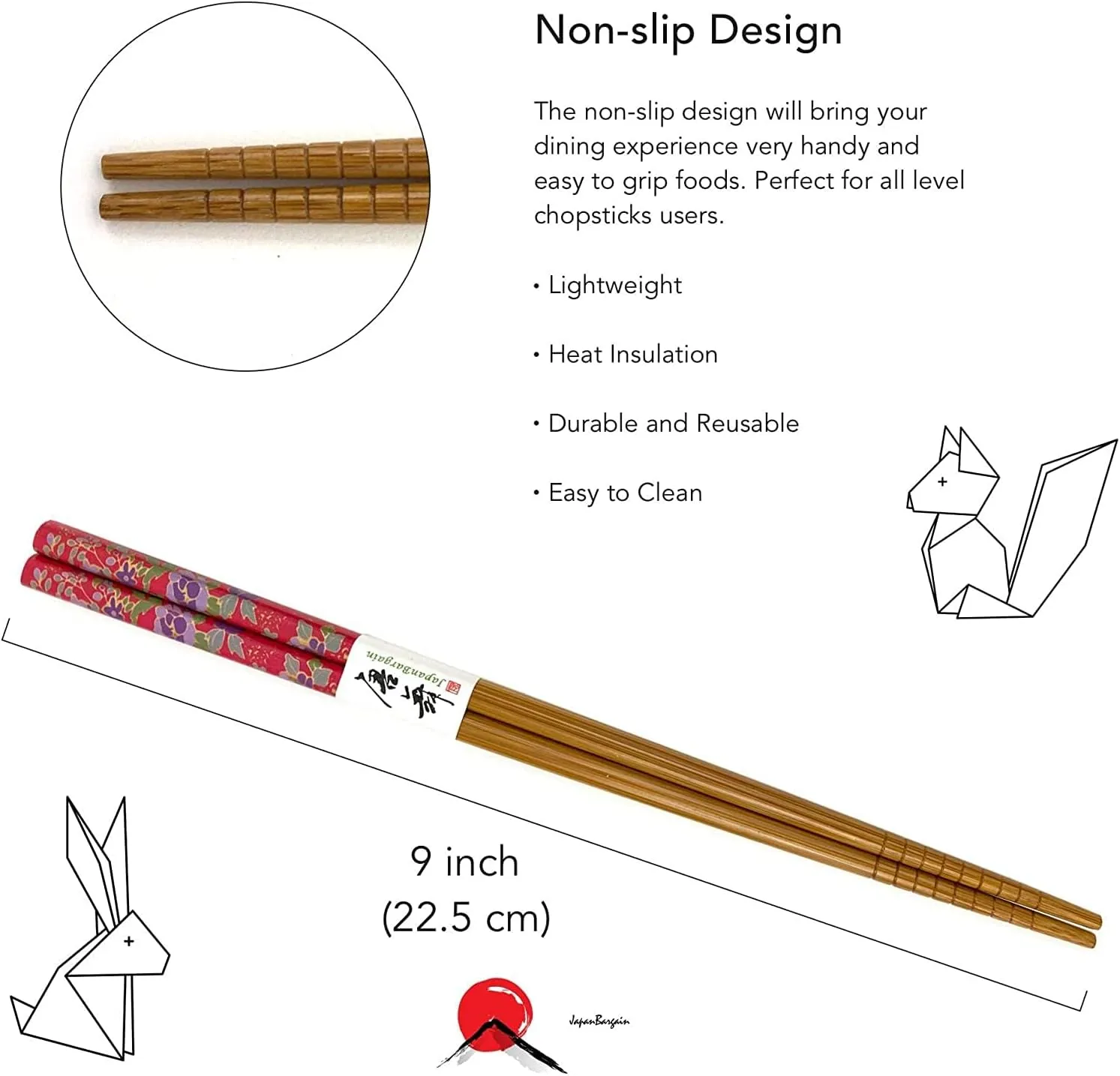 JapanBargain 3648, Bamboo Chopsticks Set Reusable Japanese Chinese Korean Wood Chop Sticks Hair Sticks, Dishwasher Safe, 9-inch, 5 Pair Gift Set, 10-Pack
