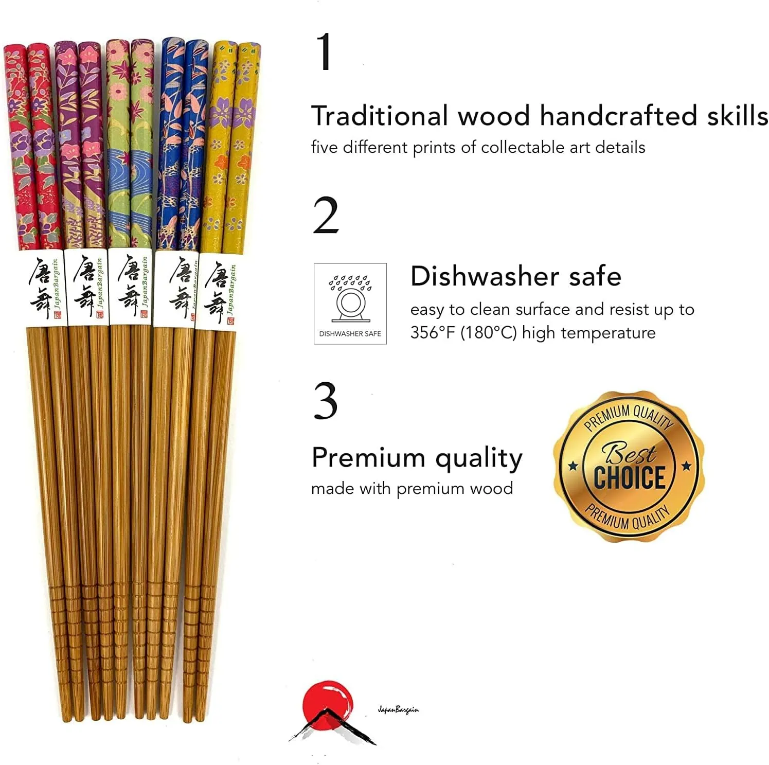 JapanBargain 3648, Bamboo Chopsticks Set Reusable Japanese Chinese Korean Wood Chop Sticks Hair Sticks, Dishwasher Safe, 9-inch, 5 Pair Gift Set, 10-Pack