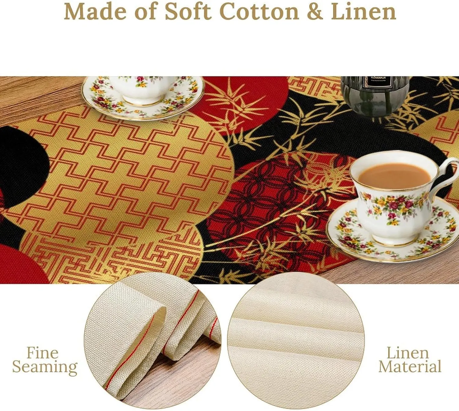 Japanese Table Runner, Asian Chinese Luxury Red Black Gold Bamboo Leaves Print Tabletop Cloth for Dining Table Holiday Party Decorations Oriental Decor, 13x108inch