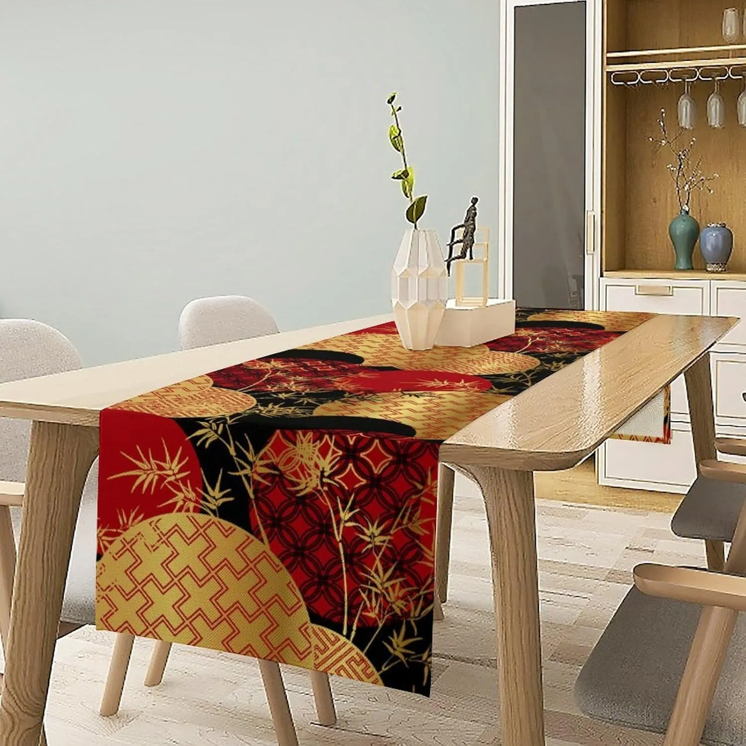 Japanese Table Runner, Asian Chinese Luxury Red Black Gold Bamboo Leaves Print Tabletop Cloth for Dining Table Holiday Party Decorations Oriental Decor, 13x108inch